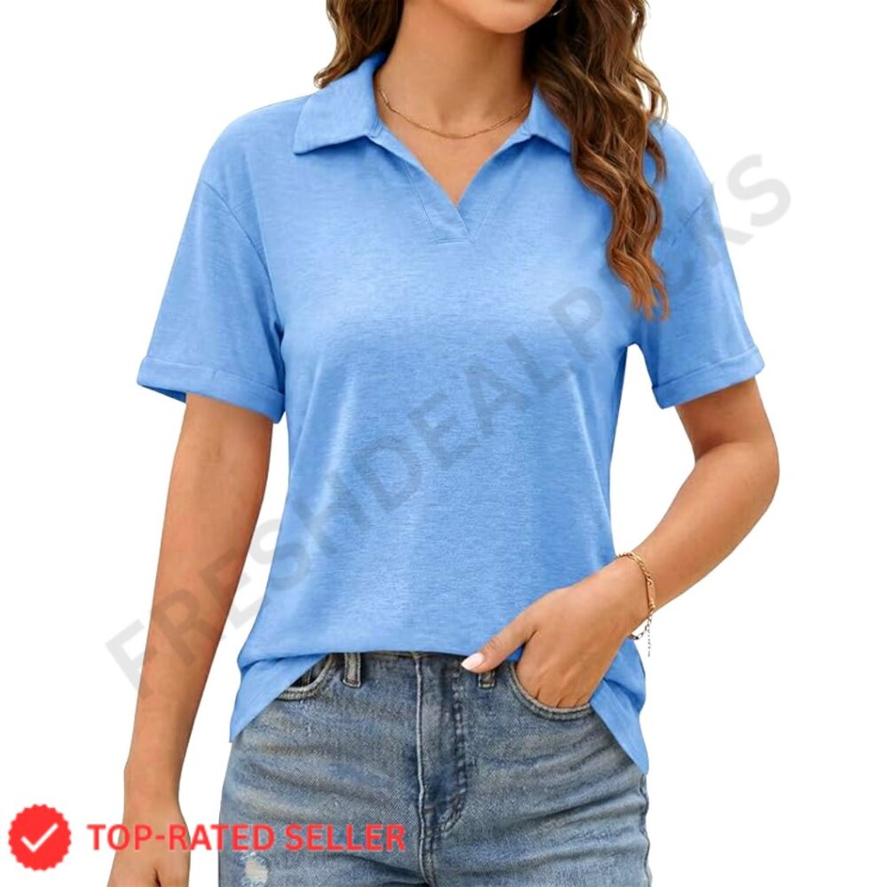 Short Sleeve Polo T-Shirt V-Neck Collared Casual Business Chic Top